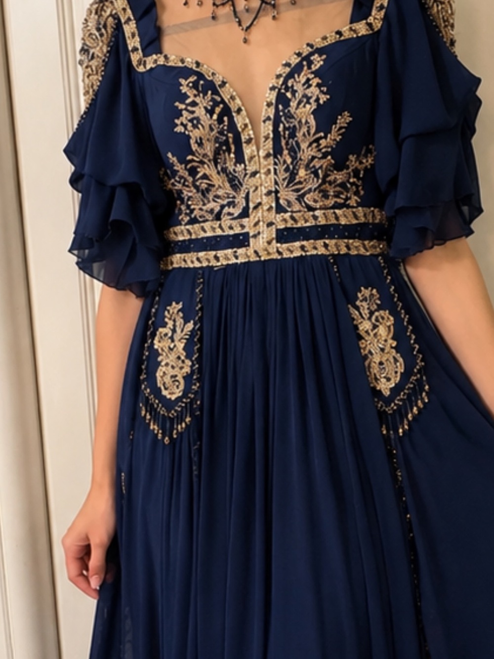 Navy Blue Embroidered Evening Gown with Gold Accents